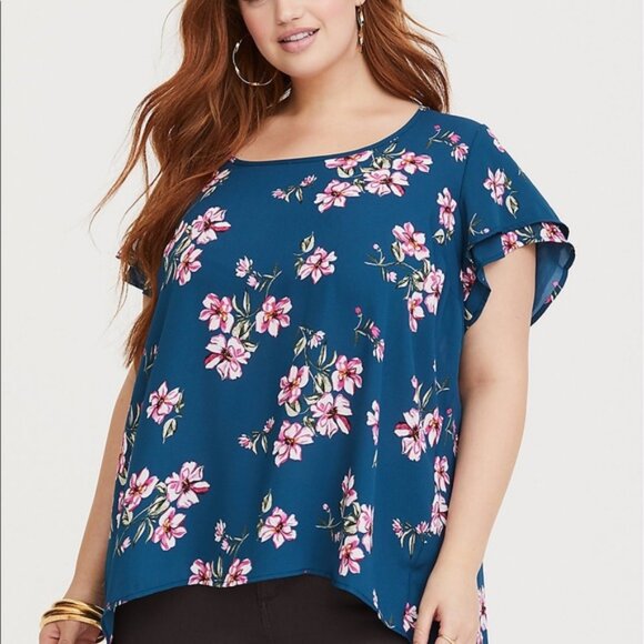 Torrid Flowy Blue Floral Top Layered Flutter Sleeve 1 - Picture 2 of 8